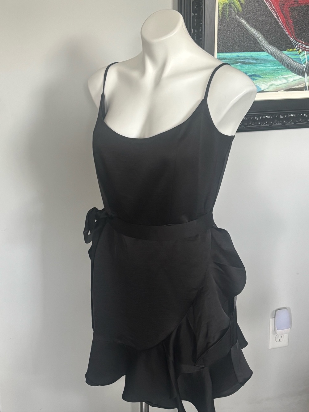 Lulu's Black Satiny Ruffle Wrap Dress with Side Tie 17-18” PTP